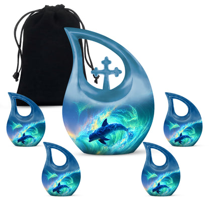 Indigo Dolphin Cremation Urn urn with complimentary velvet bag - sacred cross merged with dolphin motif on metal - memorial set with one large and four small urns