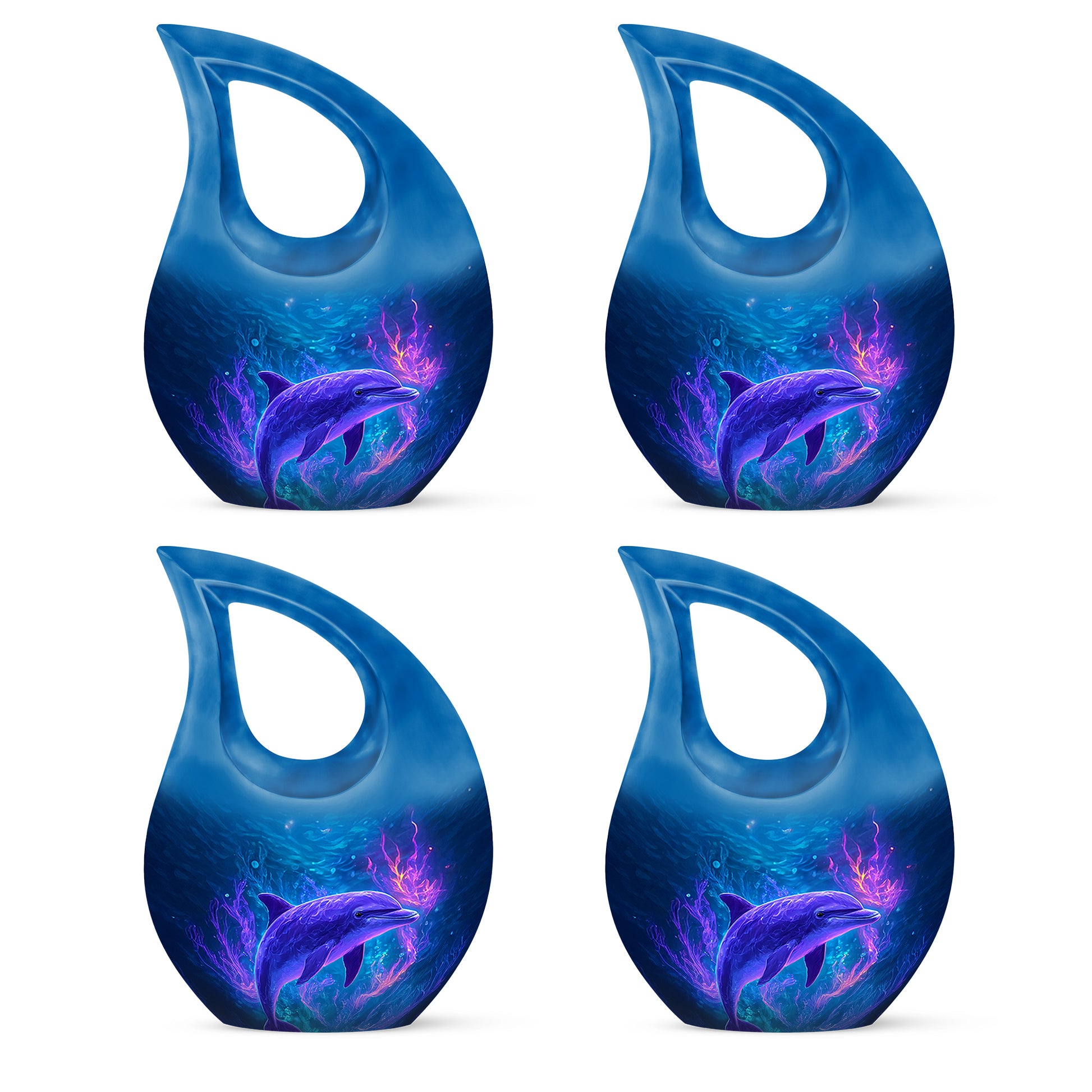 Sky Blue Dolphin Cremation Urn lifestyle display on memorial shelf - sacred cross merged with dolphin motif on metal - 10 inch aluminum urn for cremated remains