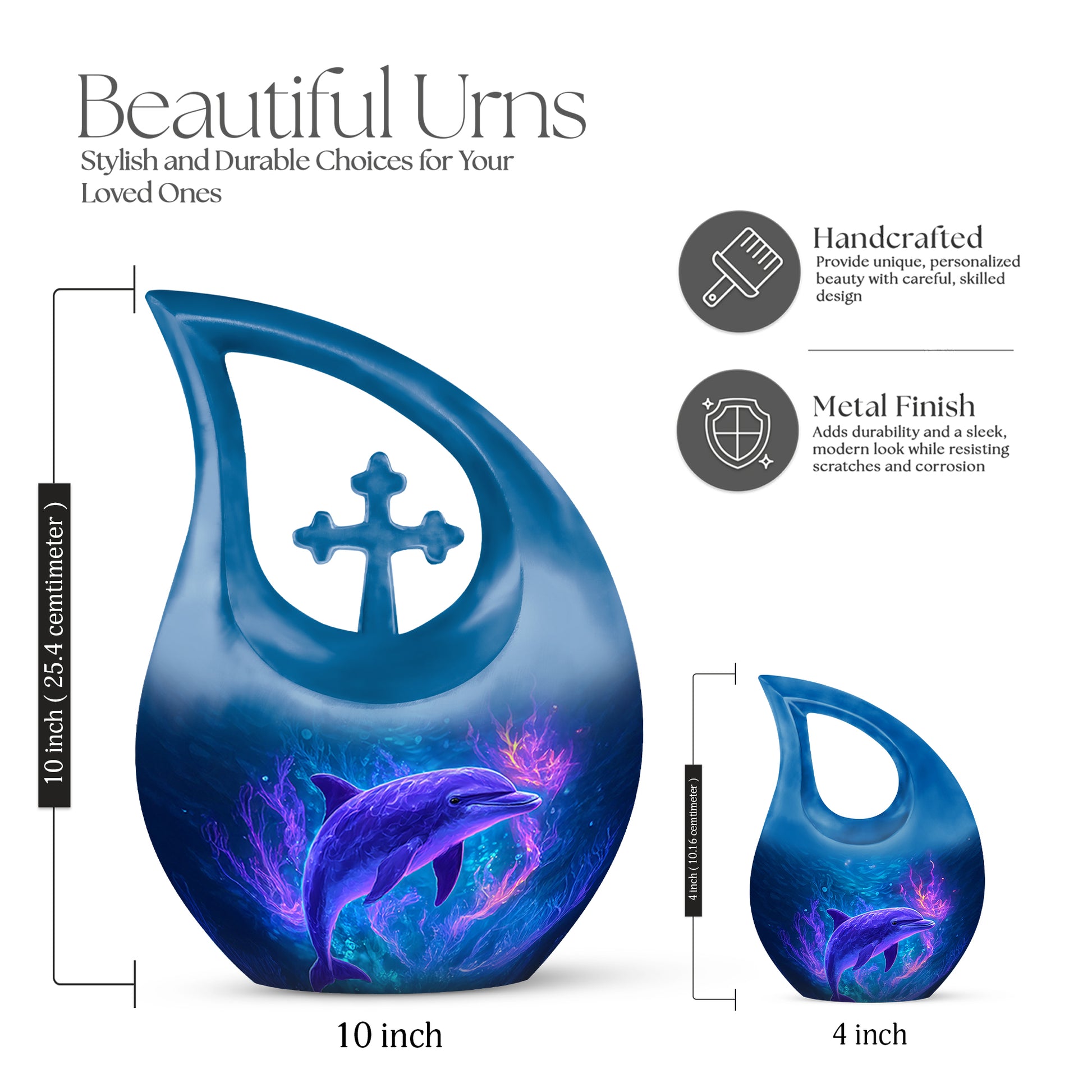 Cornflower Blue Dolphin Cremation Urn back view with polished surface - faith-inspired cross-drop urn with dolphin pattern - mini keepsake memorial for portion of cremation ashes