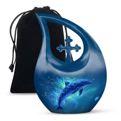Navy Blue Dolphin Cremation Urn top-down view of secure threaded lid - cross and dolphin combined in spiritual memorial design - full-size 10 inch 200 cubic inch adult cremation urn