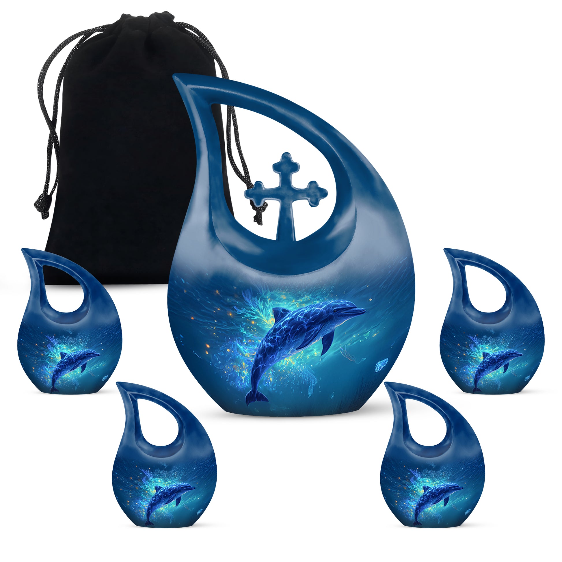 Steel Blue Dolphin Cremation Urn urn with complimentary velvet bag - faith-inspired cross-drop urn with dolphin pattern - memorial set with one large and four small urns