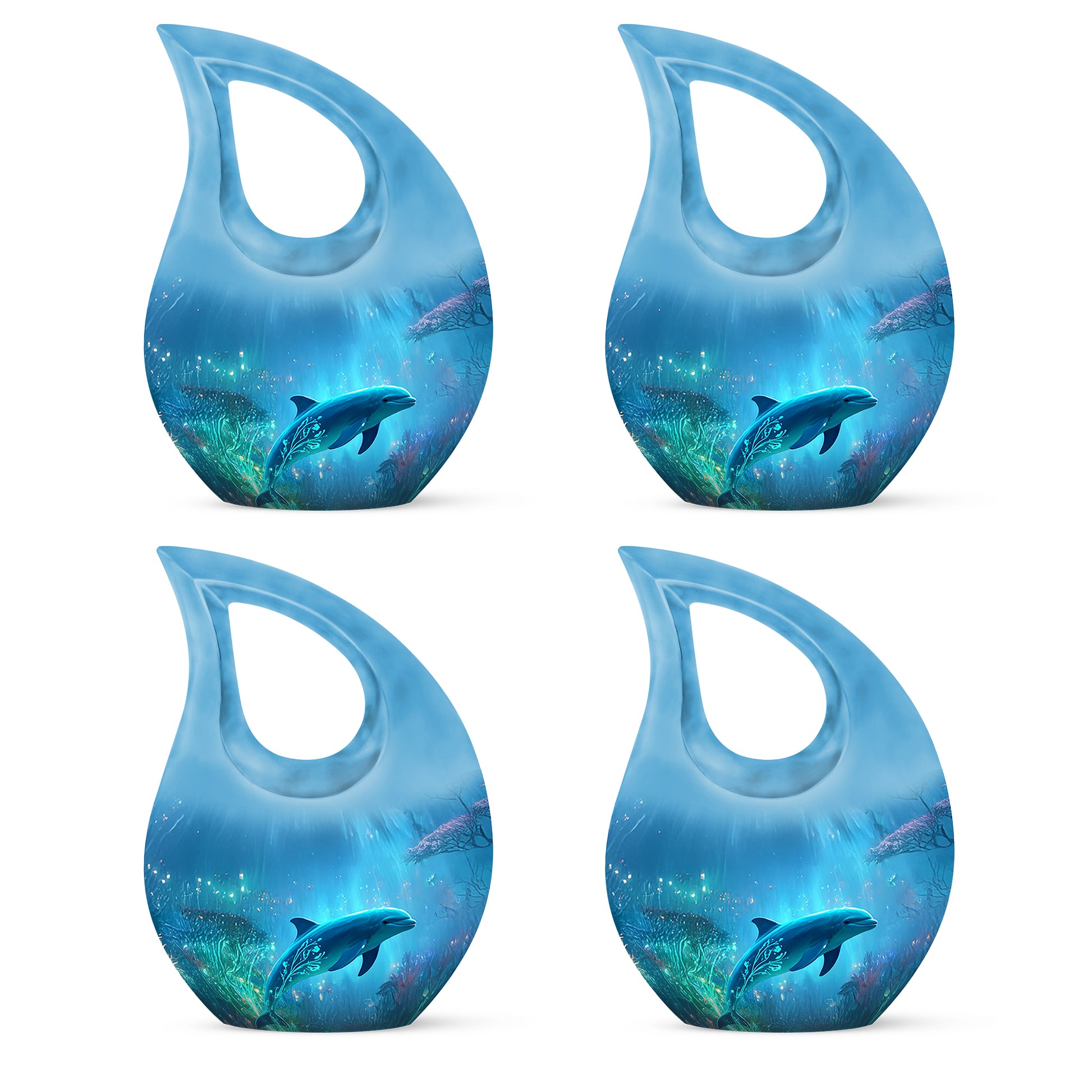 Slate Blue Dolphin Cremation Urn lifestyle display on memorial shelf - sacred cross merged with dolphin motif on metal - 10 inch aluminum urn for cremated remains