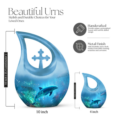 Indigo Dolphin Cremation Urn back view with polished surface - sacred cross merged with dolphin motif on metal - mini keepsake memorial for portion of cremation ashes