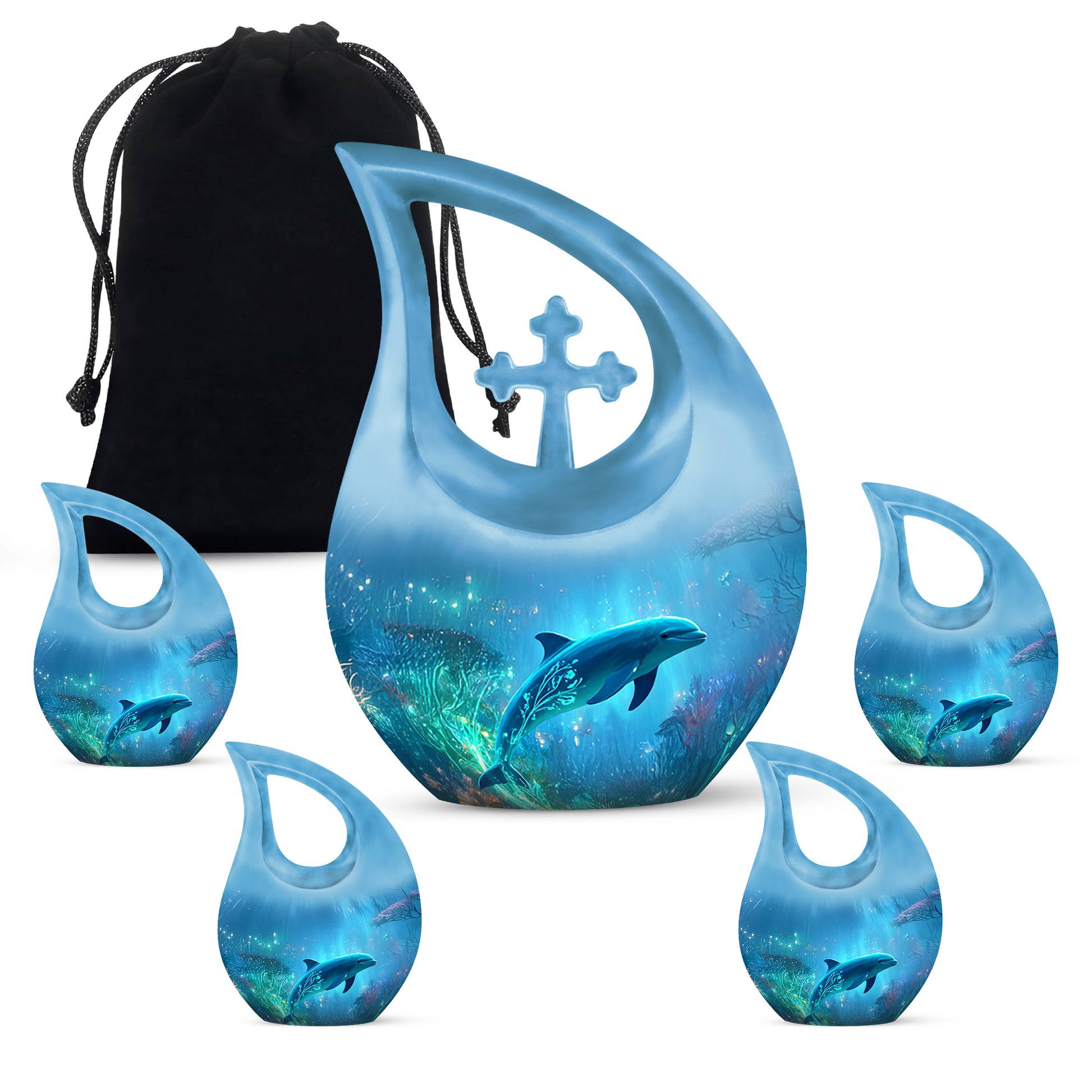 Serene Blue Dolphin Cremation Urn urn with complimentary velvet bag - devotional cross-drop dolphin engraving - memorial set with one large and four small urns