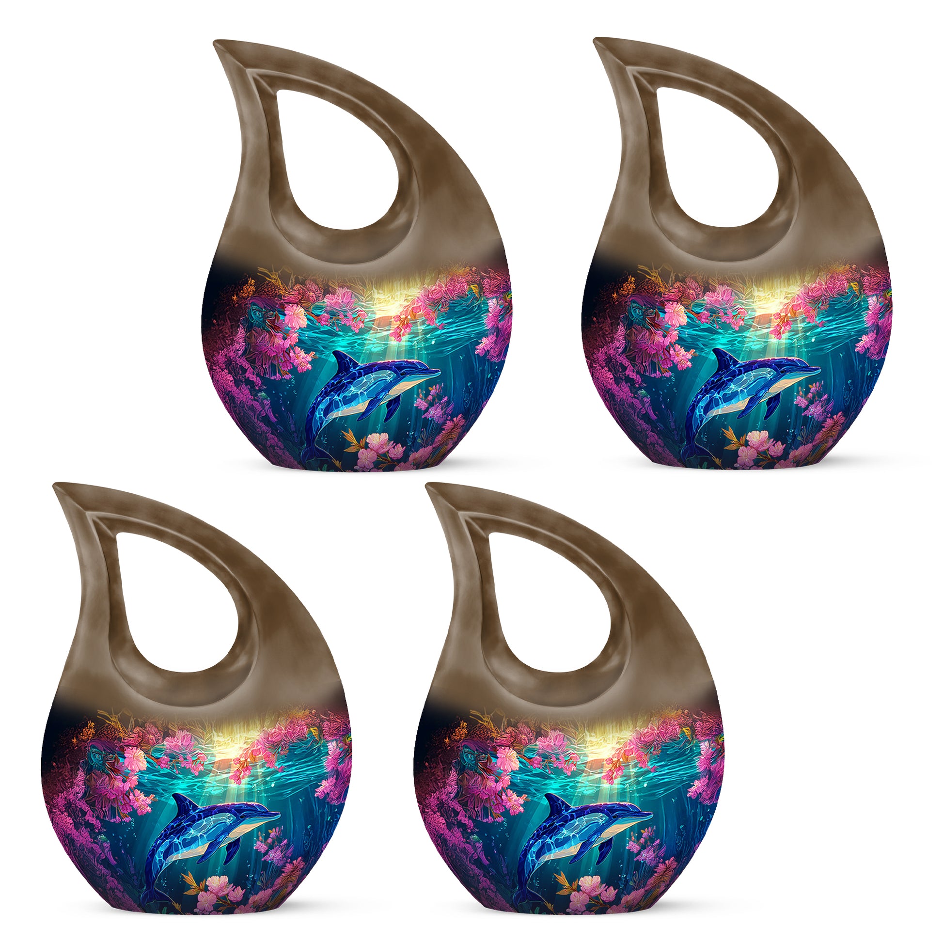 Royal Gold Dolphin Cremation Urn lifestyle display on memorial shelf - faith-inspired cross-drop urn with dolphin pattern - 10 inch aluminum urn for cremated remains