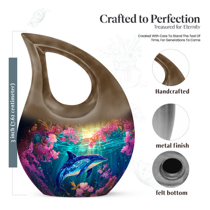 Royal Gold Dolphin Cremation Urn back view with polished surface - devotional cross-drop dolphin engraving - mini keepsake memorial for portion of cremation ashes