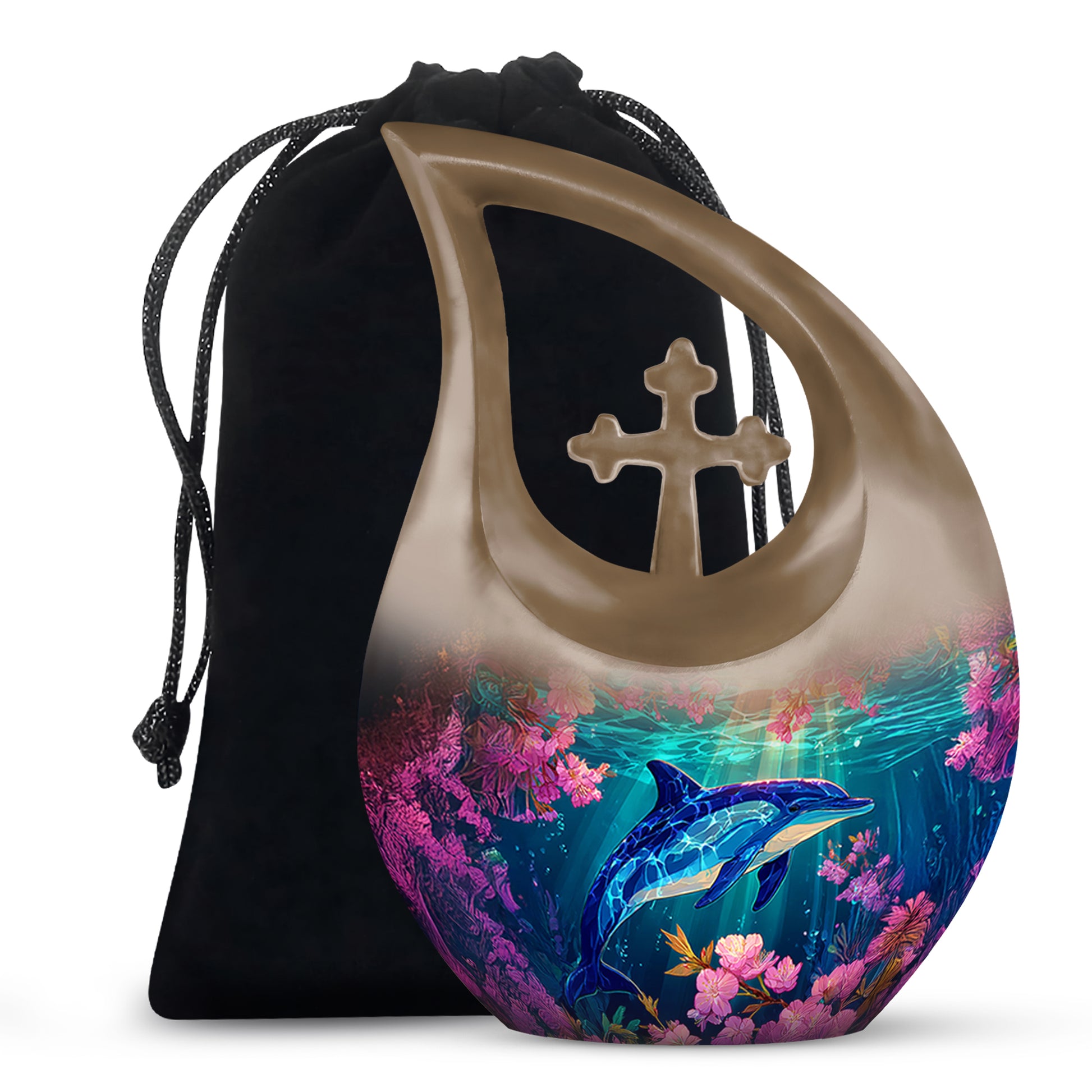 Burnished Gold Dolphin Cremation Urn top-down view of secure threaded lid - faith-inspired cross-drop urn with dolphin pattern - full-size 10 inch 200 cubic inch adult cremation urn