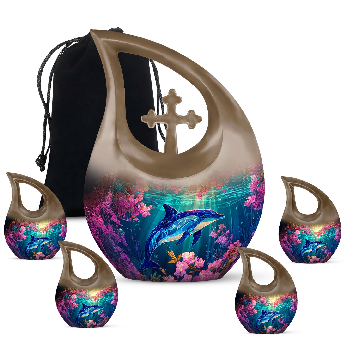 Champagne Gold Dolphin Cremation Urn urn with complimentary velvet bag - cross and dolphin combined in spiritual memorial design - memorial set with one large and four small urns