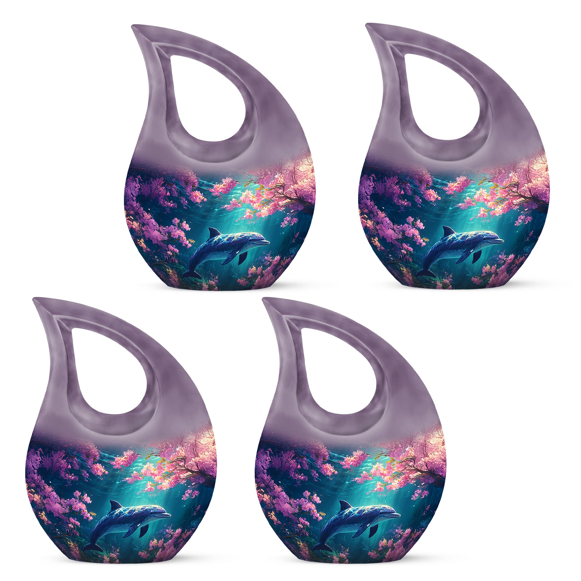 Dusty Pink Dolphin Cremation Urn lifestyle display on memorial shelf - devotional cross-drop dolphin engraving - 10 inch aluminum urn for cremated remains