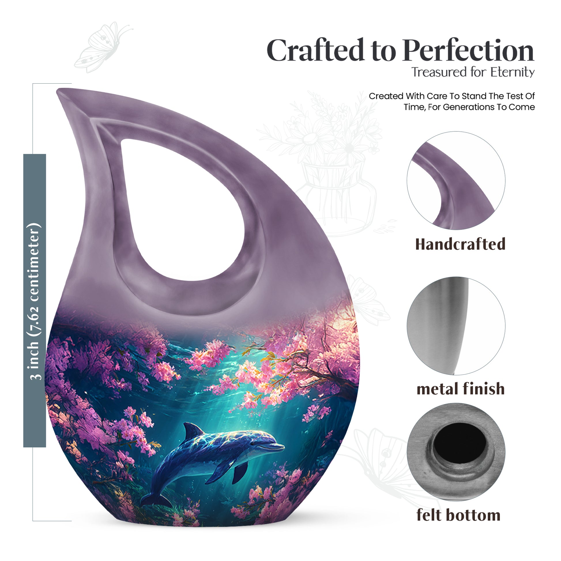 Dusty Pink Dolphin Cremation Urn back view with polished surface - devotional cross-drop dolphin engraving - mini keepsake memorial for portion of cremation ashes