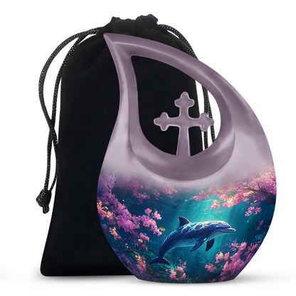 Vintage Pink Dolphin Cremation Urn top-down view of secure threaded lid - devotional cross-drop dolphin engraving - full-size 10 inch 200 cubic inch adult cremation urn