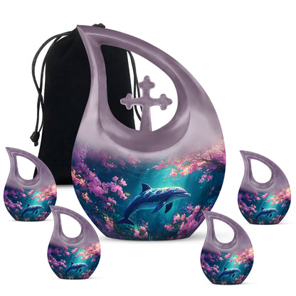 Salmon Pink Dolphin Cremation Urn urn with complimentary velvet bag - faith-inspired cross-drop urn with dolphin pattern - memorial set with one large and four small urns