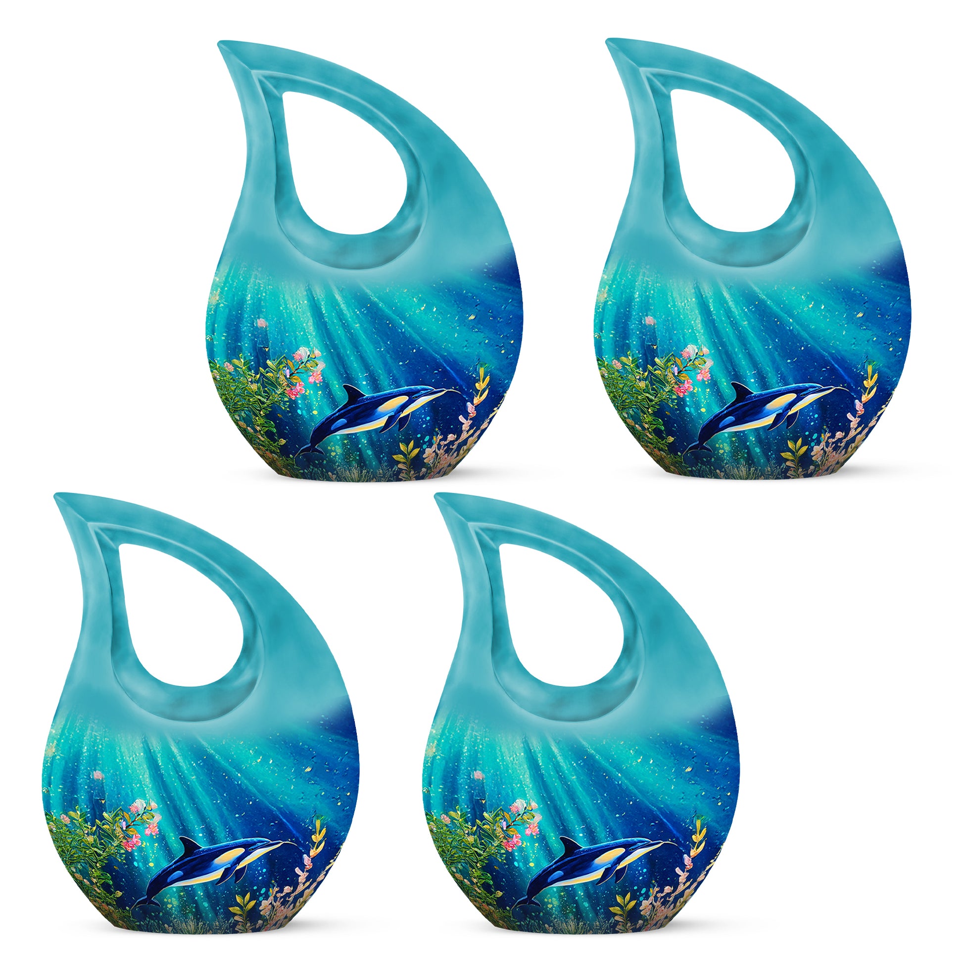 Tropical Teal Dolphin Cremation Urn lifestyle display on memorial shelf - faith-inspired cross-drop urn with dolphin pattern - 10 inch aluminum urn for cremated remains