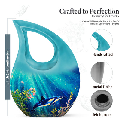 Ocean Teal Dolphin Cremation Urn back view with polished surface - sacred cross merged with dolphin motif on metal - mini keepsake memorial for portion of cremation ashes