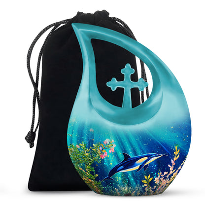 Deep Teal Dolphin Cremation Urn top-down view of secure threaded lid - faith-inspired cross-drop urn with dolphin pattern - full-size 10 inch 200 cubic inch adult cremation urn