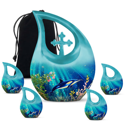 Tropical Teal Dolphin Cremation Urn urn with complimentary velvet bag - faith-inspired cross-drop urn with dolphin pattern - memorial set with one large and four small urns