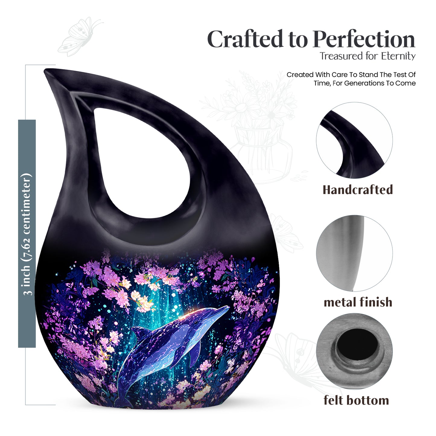 Sky Blue Dolphin Cremation Urn back view with polished surface - cross and dolphin combined in spiritual memorial design - mini keepsake memorial for portion of cremation ashes