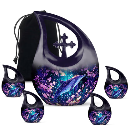 Celestial Blue Dolphin Cremation Urn urn with complimentary velvet bag - cross and dolphin combined in spiritual memorial design - memorial set with one large and four small urns