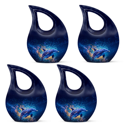 Powder Blue Dolphin Cremation Urn lifestyle display on memorial shelf - cross and dolphin combined in spiritual memorial design - 10 inch aluminum urn for cremated remains