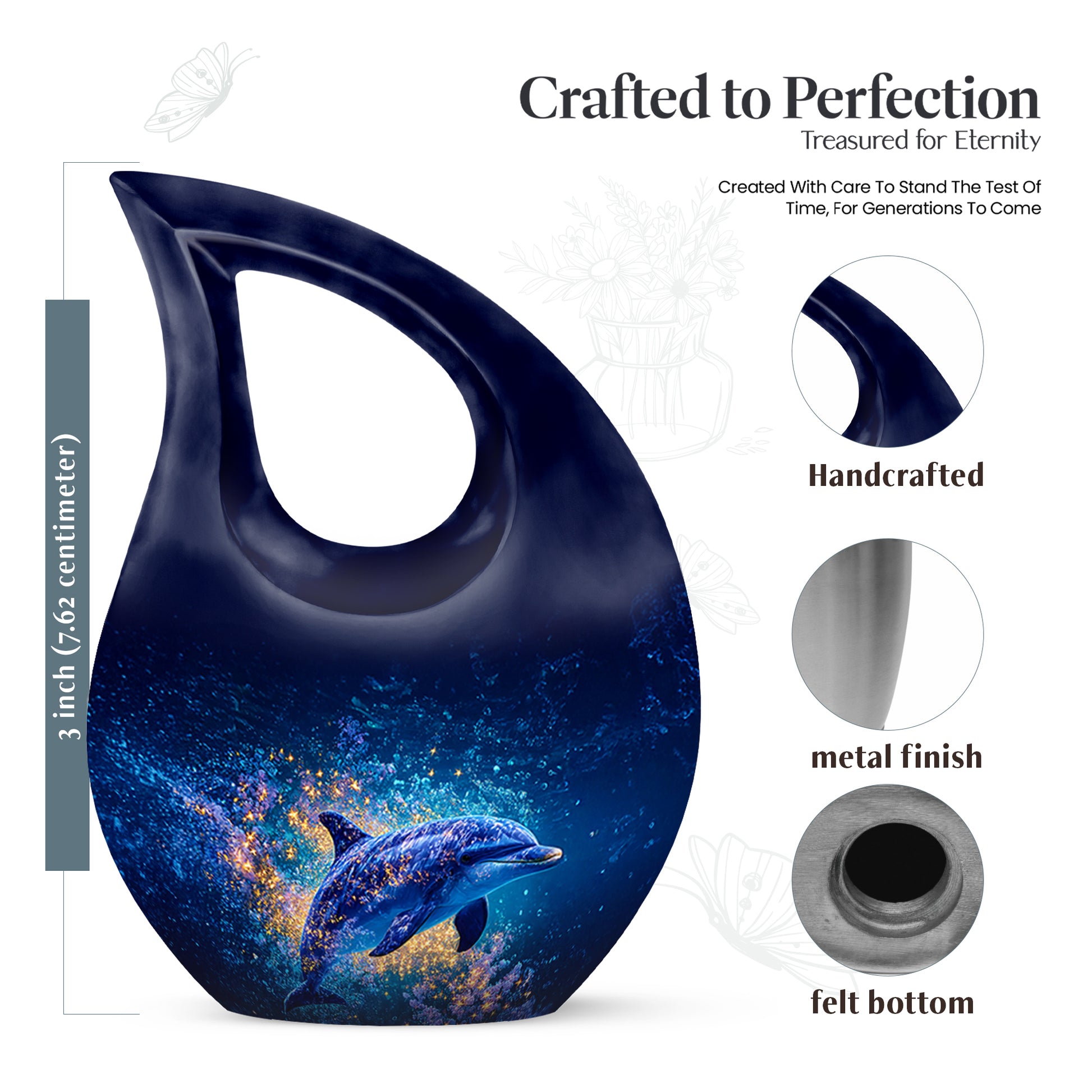 Icy Blue Dolphin Cremation Urn back view with polished surface - sacred cross merged with dolphin motif on metal - mini keepsake memorial for portion of cremation ashes