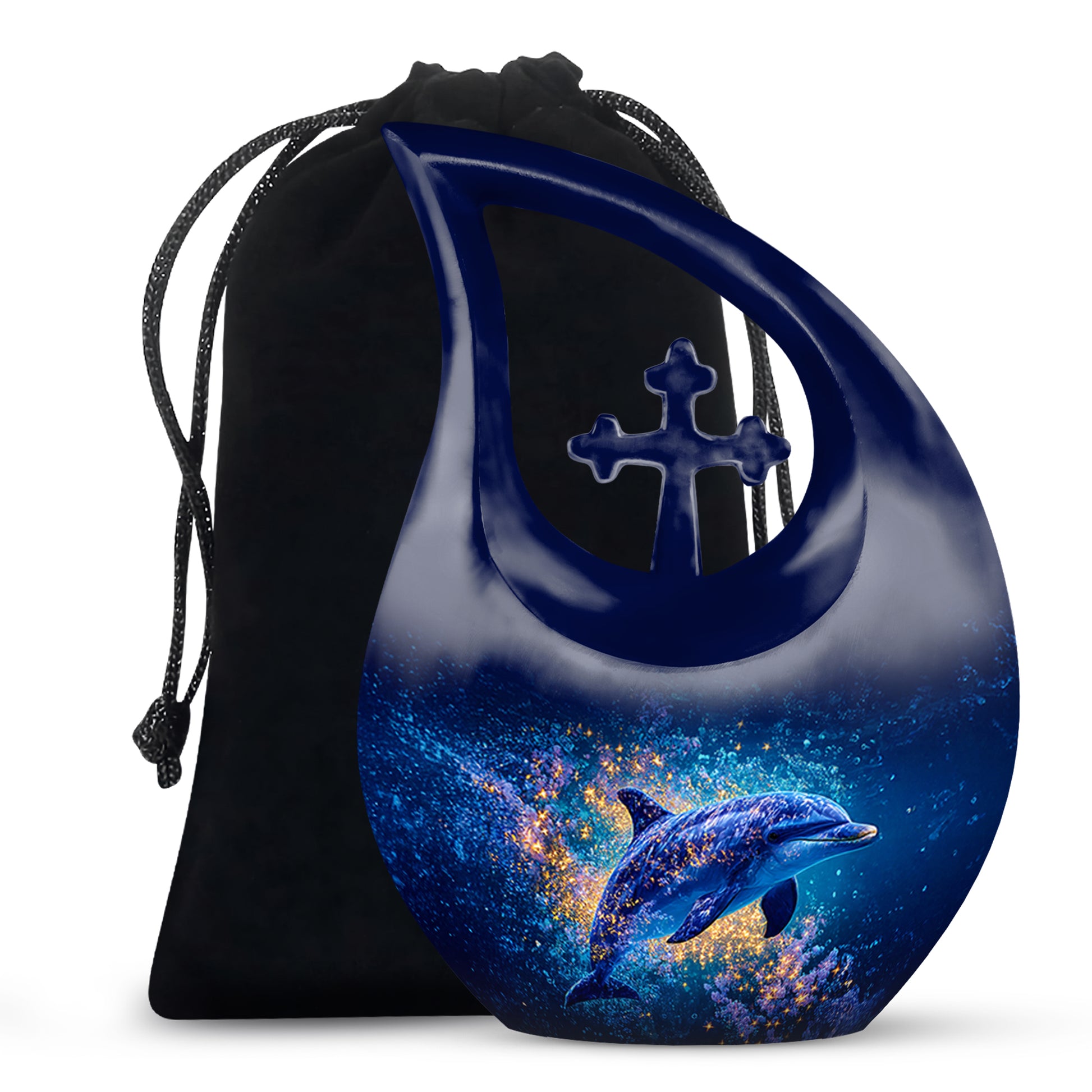 Slate Blue Dolphin Cremation Urn top-down view of secure threaded lid - cross and dolphin combined in spiritual memorial design - full-size 10 inch 200 cubic inch adult cremation urn