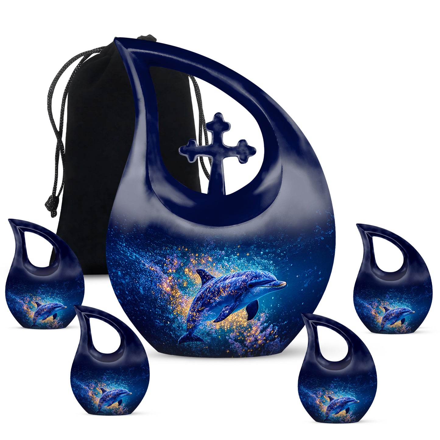 Navy Blue Dolphin Cremation Urn urn with complimentary velvet bag - cross and dolphin combined in spiritual memorial design - memorial set with one large and four small urns