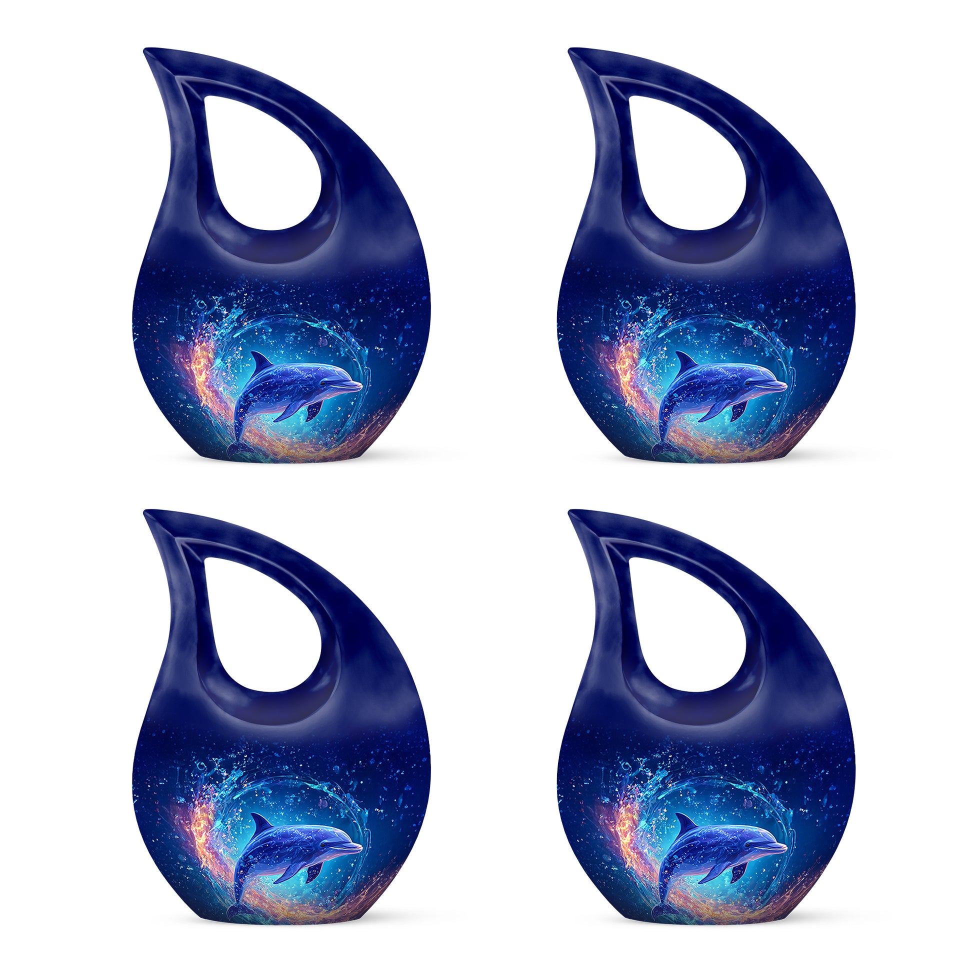 Celestial Blue Dolphin Cremation Urn lifestyle display on memorial shelf - sacred cross merged with dolphin motif on metal - 10 inch aluminum urn for cremated remains