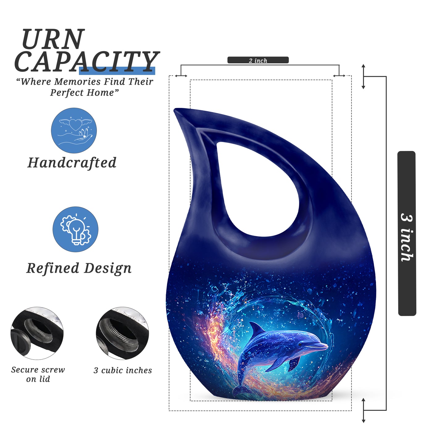 Cobalt Blue Dolphin Cremation Urn back view with polished surface - devotional cross-drop dolphin engraving - mini keepsake memorial for portion of cremation ashes