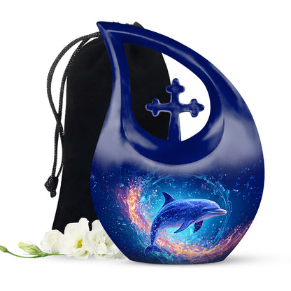 Serene Blue Dolphin Cremation Urn top-down view of secure threaded lid - faith-inspired cross-drop urn with dolphin pattern - full-size 10 inch 200 cubic inch adult cremation urn