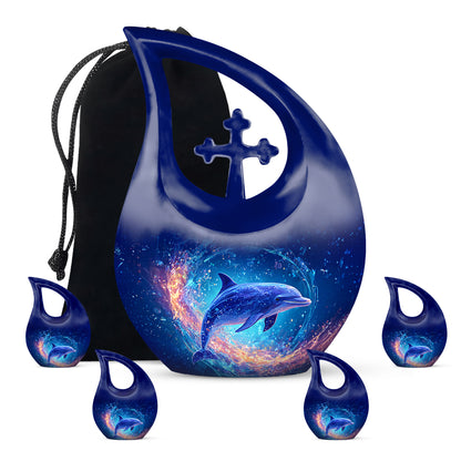 Serene Blue Dolphin Cremation Urn urn with complimentary velvet bag - faith-inspired cross-drop urn with dolphin pattern - memorial set with one large and four small urns