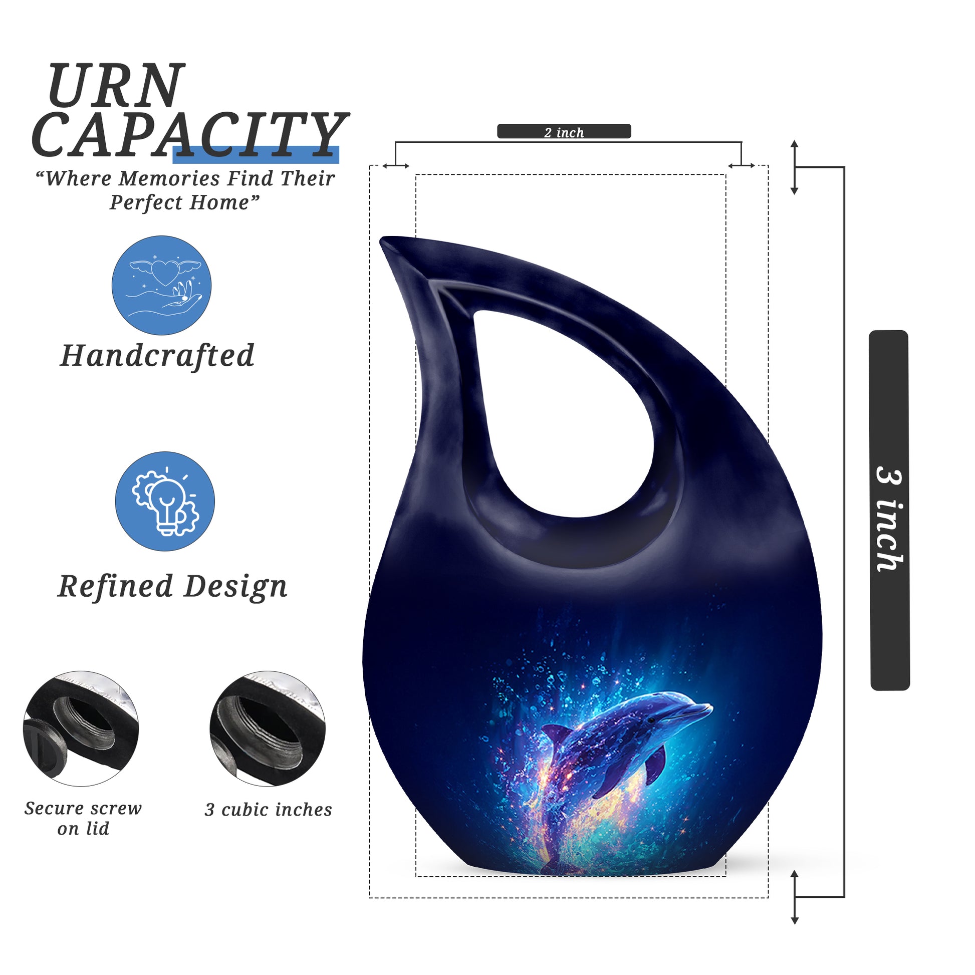 Celestial Blue Dolphin Cremation Urn back view with polished surface - cross and dolphin combined in spiritual memorial design - mini keepsake memorial for portion of cremation ashes