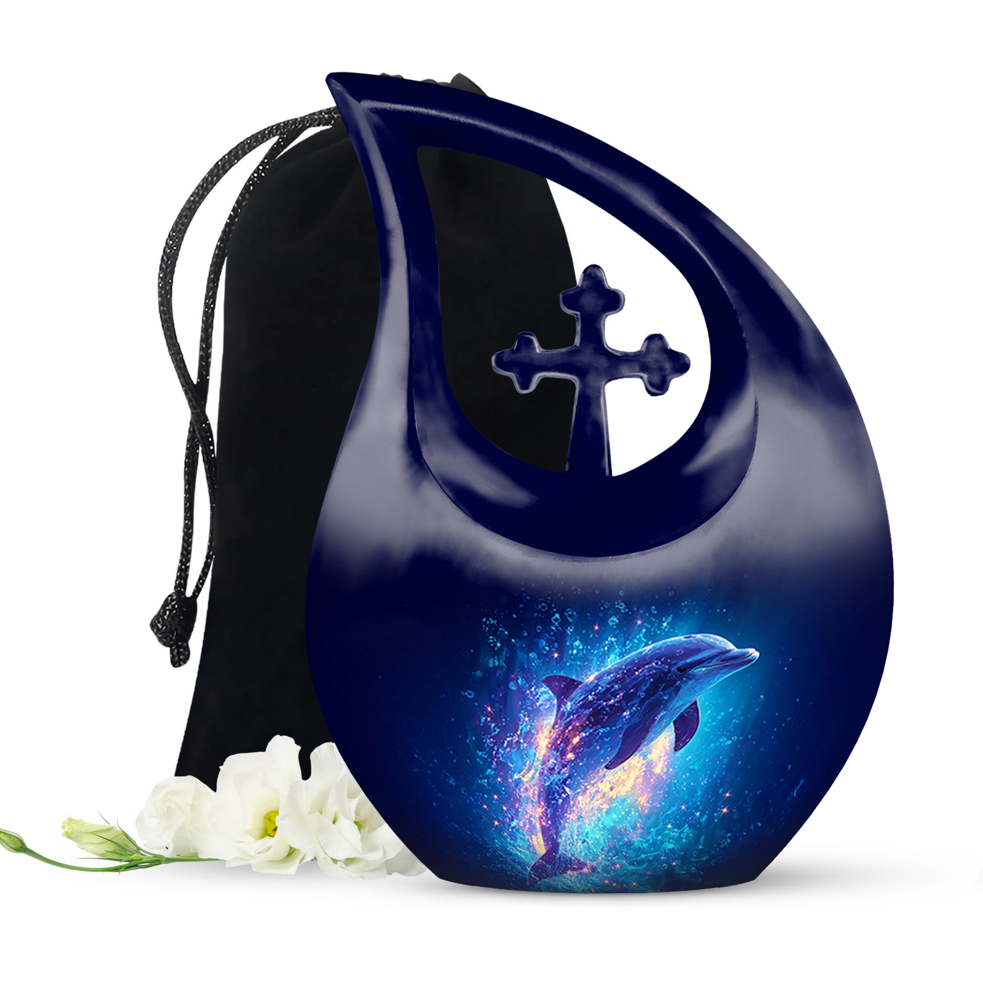 Sapphire Blue Dolphin Cremation Urn top-down view of secure threaded lid - devotional cross-drop dolphin engraving - full-size 10 inch 200 cubic inch adult cremation urn