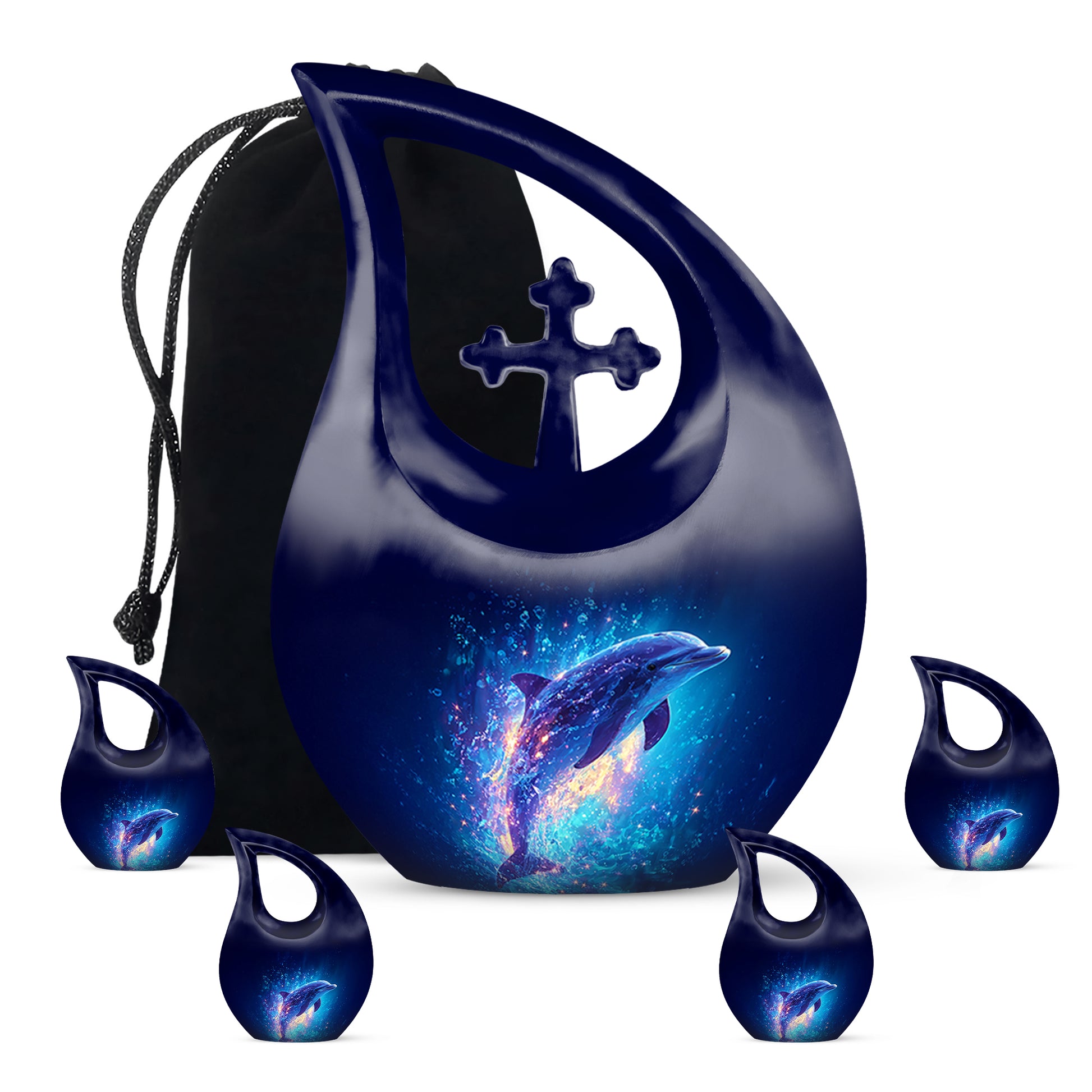Powder Blue Dolphin Cremation Urn urn with complimentary velvet bag - cross and dolphin combined in spiritual memorial design - memorial set with one large and four small urns