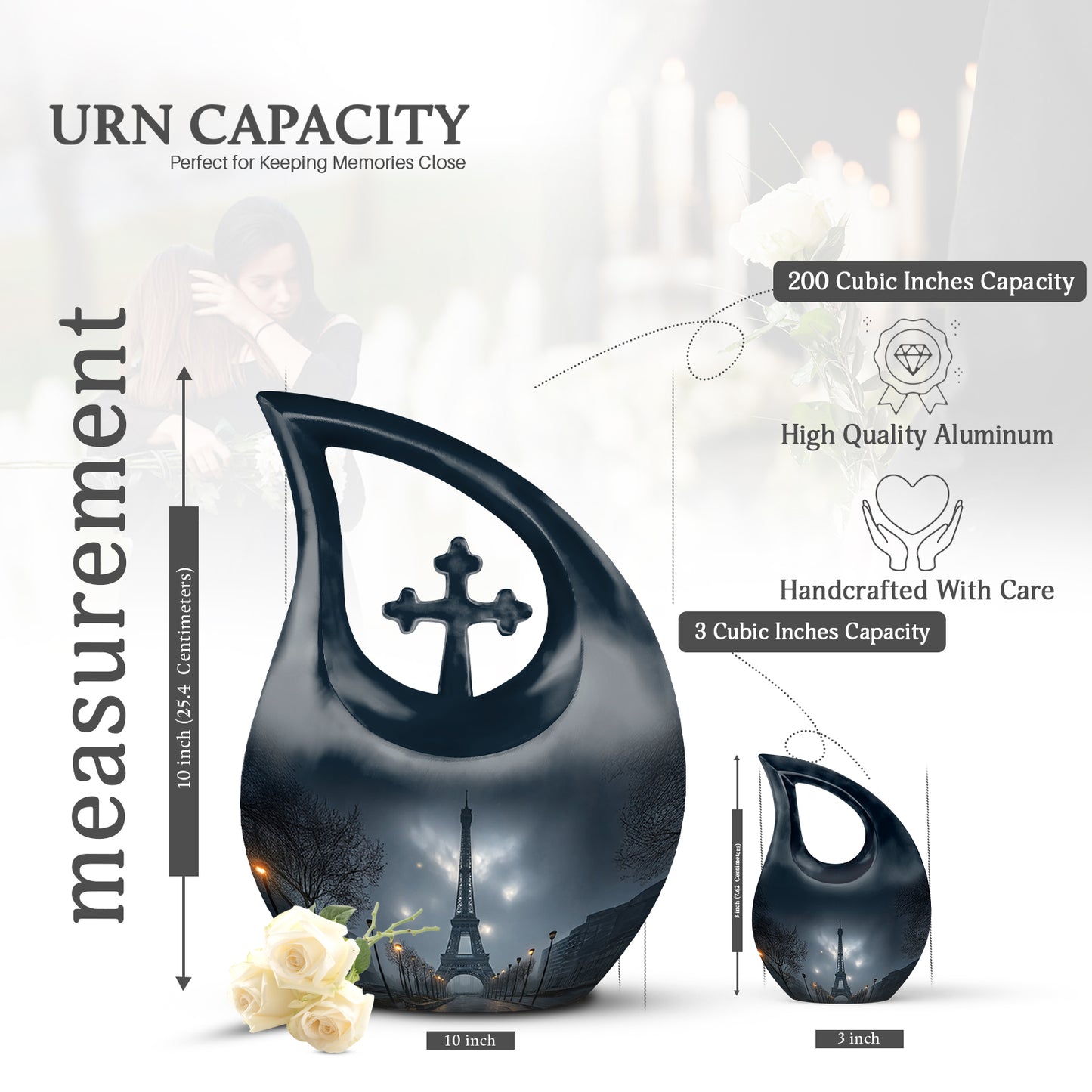 Celestial Blue Eiffel Tower Cremation Urn back view with polished surface - cross and eiffel tower combined in spiritual memorial design - mini keepsake memorial for portion of cremation ashes