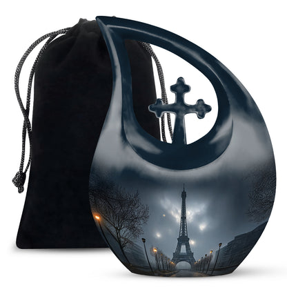 Powder Blue Eiffel Tower Cremation Urn top-down view of secure threaded lid - cross and eiffel tower combined in spiritual memorial design - full-size 10 inch 200 cubic inch adult cremation urn