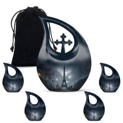 Azure Eiffel Tower Cremation Urn urn with complimentary velvet bag - sacred cross merged with eiffel tower motif on metal - memorial set with one large and four small urns
