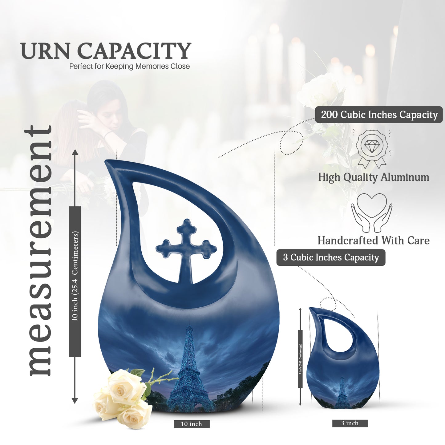Misty Blue Eiffel Tower Cremation Urn back view with polished surface - sacred cross merged with eiffel tower motif on metal - mini keepsake memorial for portion of cremation ashes