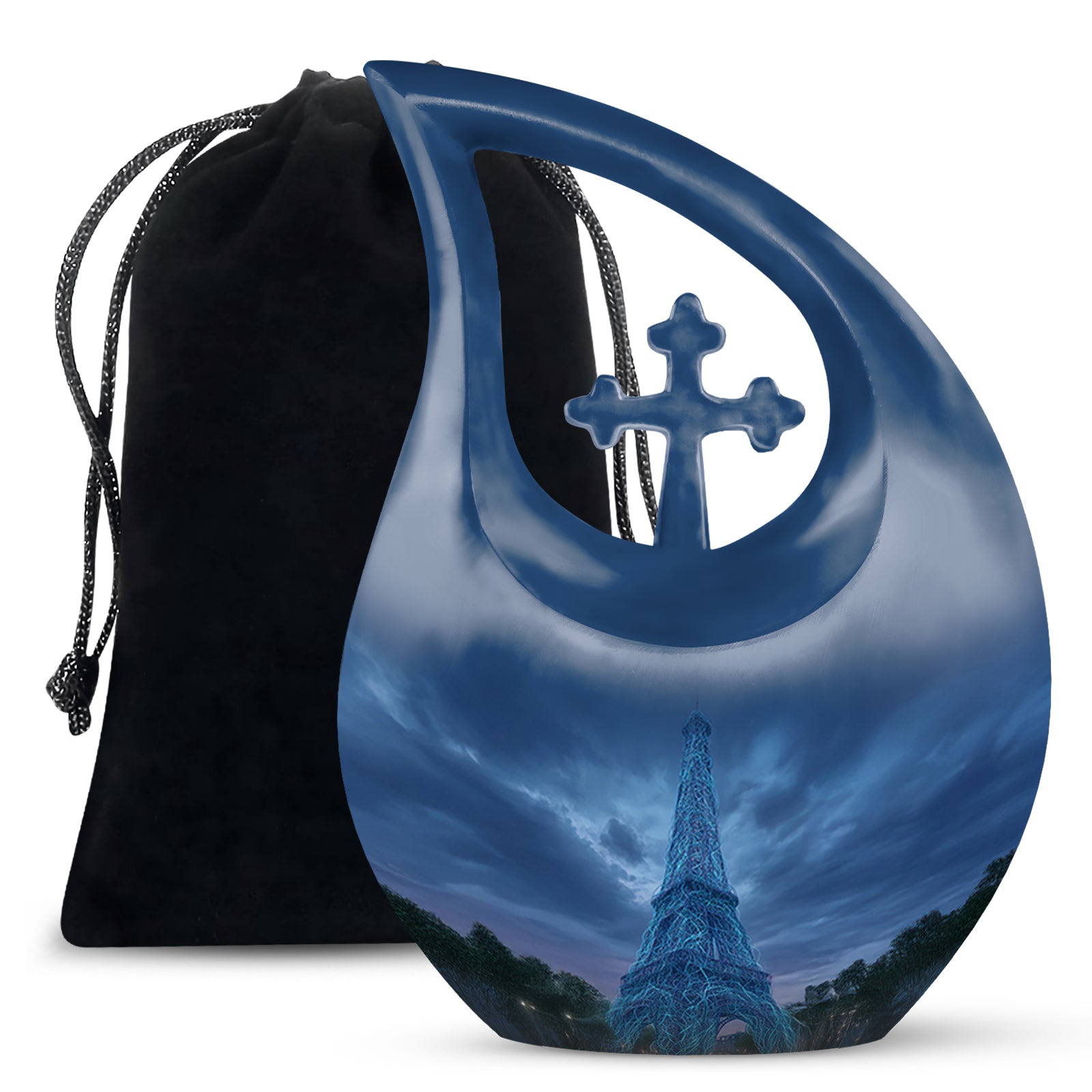 Navy Blue Eiffel Tower Cremation Urn top-down view of secure threaded lid - cross and eiffel tower combined in spiritual memorial design - full-size 10 inch 200 cubic inch adult cremation urn