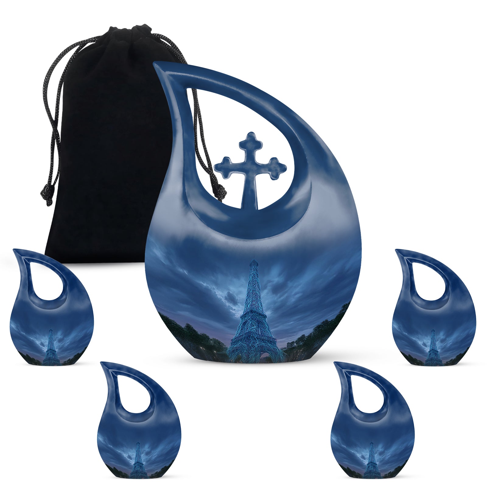 Steel Blue Eiffel Tower Cremation Urn urn with complimentary velvet bag - devotional cross-drop eiffel tower engraving - memorial set with one large and four small urns