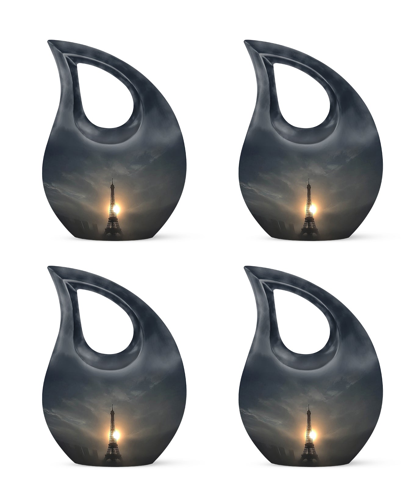 Jet Black Eiffel Tower Cremation Urn lifestyle display on memorial shelf - cross and eiffel tower combined in spiritual memorial design - 10 inch aluminum urn for cremated remains