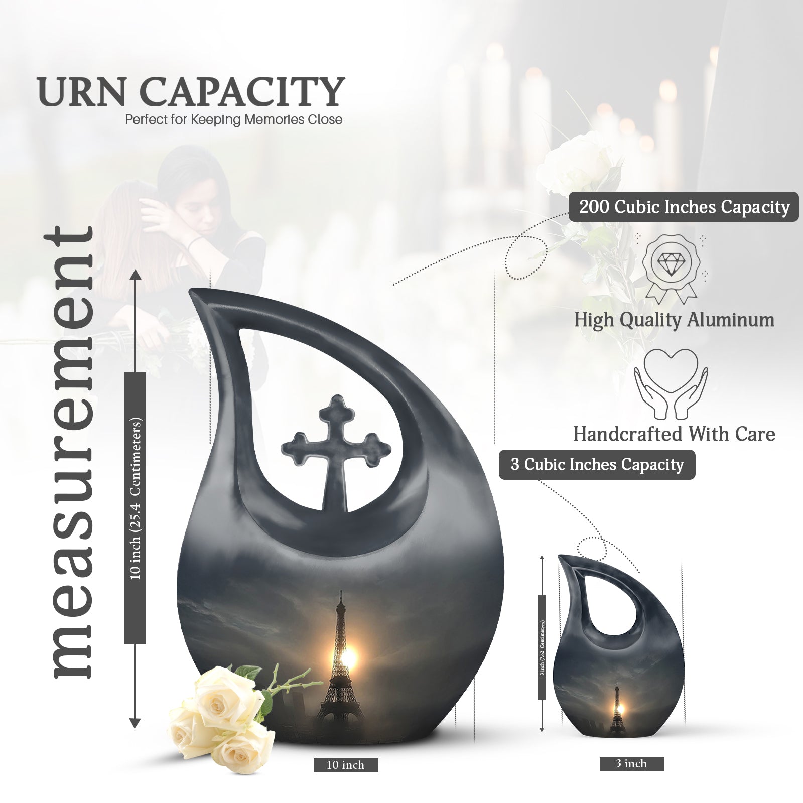 Jet Black Eiffel Tower Cremation Urn back view with polished surface - cross and eiffel tower combined in spiritual memorial design - mini keepsake memorial for portion of cremation ashes