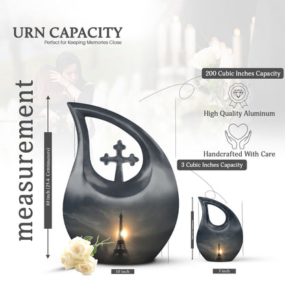 Jet Black Eiffel Tower Cremation Urn back view with polished surface - cross and eiffel tower combined in spiritual memorial design - mini keepsake memorial for portion of cremation ashes