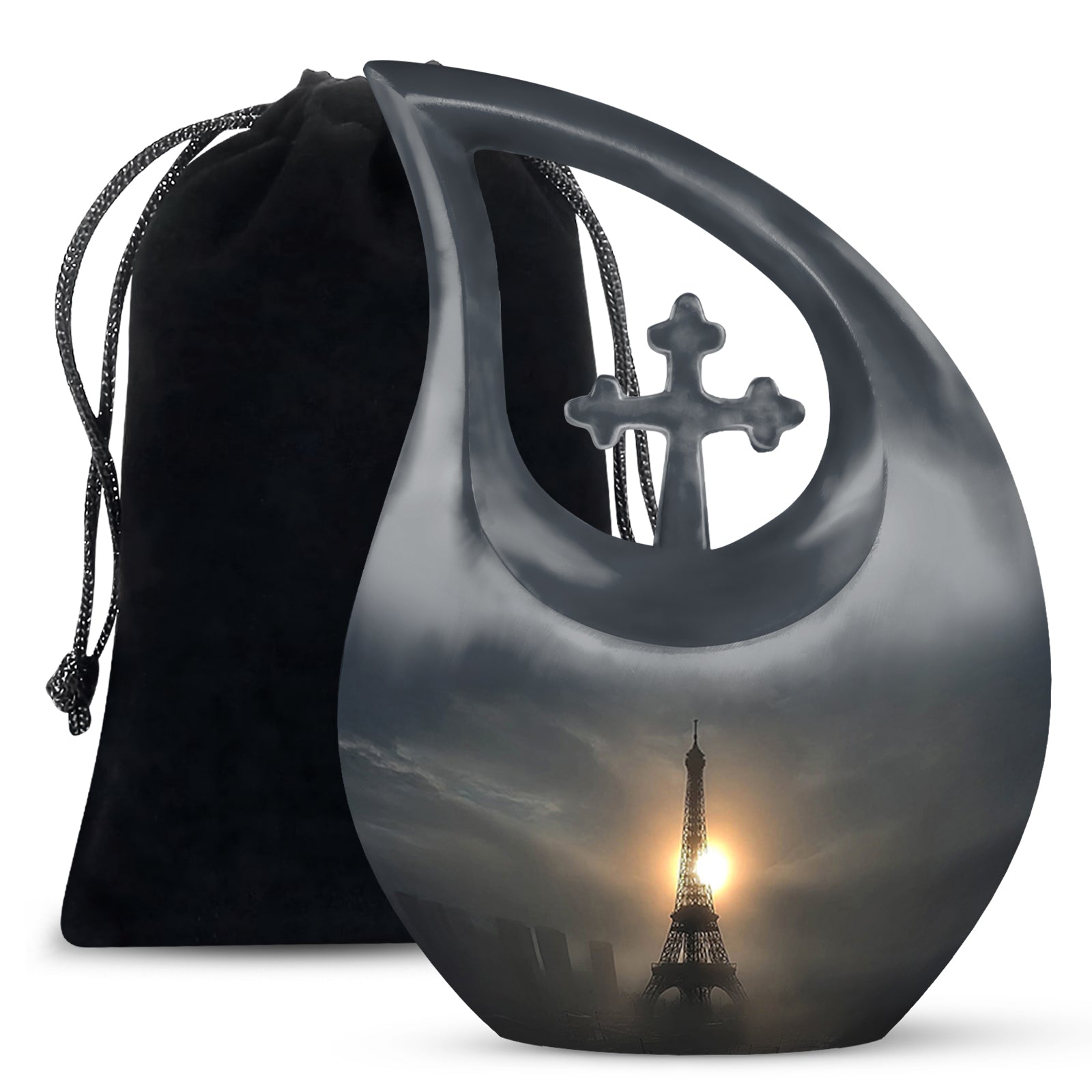 Onyx Black Eiffel Tower Cremation Urn top-down view of secure threaded lid - faith-inspired cross-drop urn with eiffel tower pattern - full-size 10 inch 200 cubic inch adult cremation urn