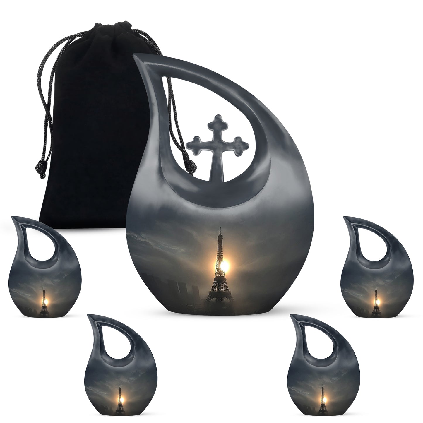 Glossy Black Eiffel Tower Cremation Urn urn with complimentary velvet bag - cross and eiffel tower combined in spiritual memorial design - memorial set with one large and four small urns