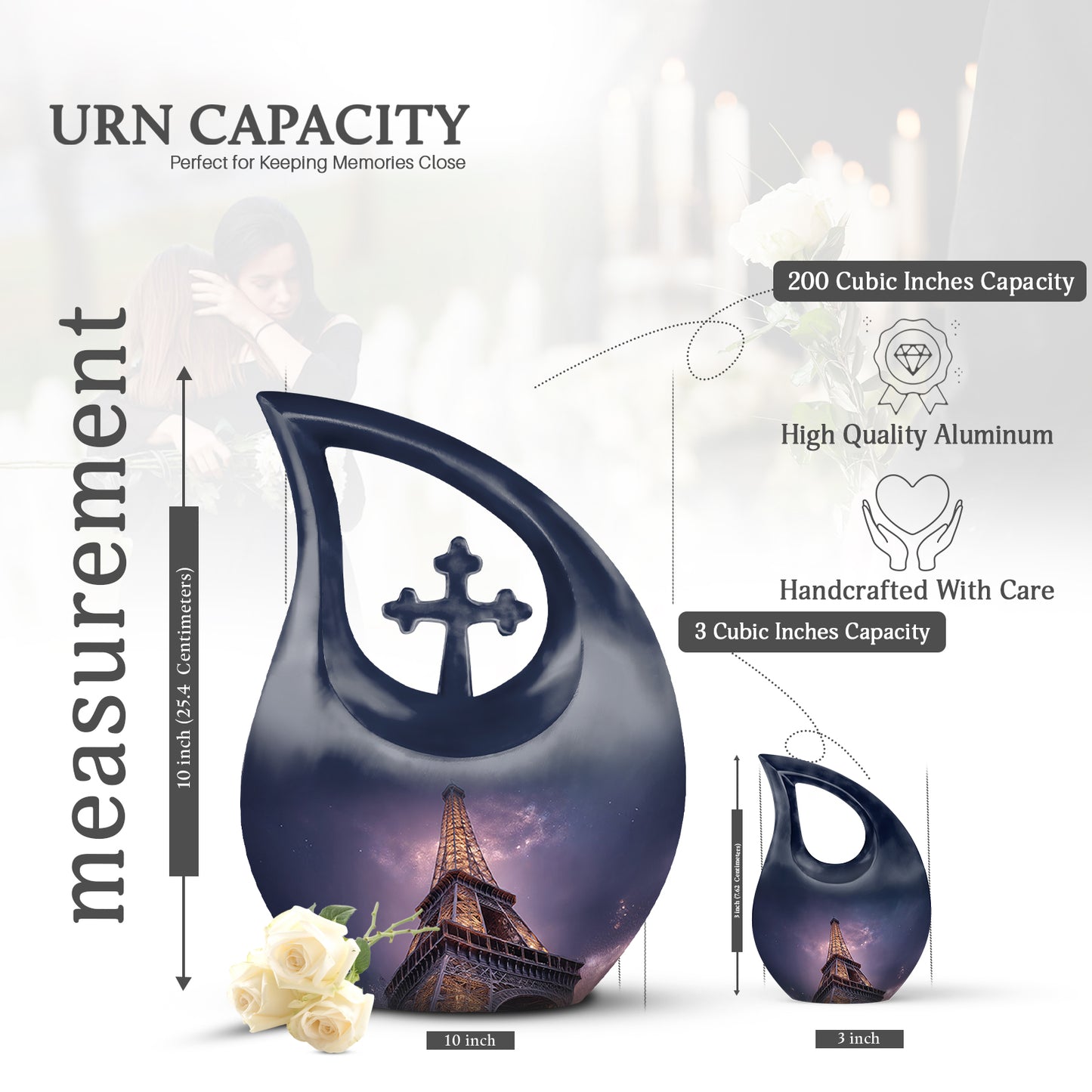 Serene Blue Eiffel Tower Cremation Urn back view with polished surface - faith-inspired cross-drop urn with eiffel tower pattern - mini keepsake memorial for portion of cremation ashes