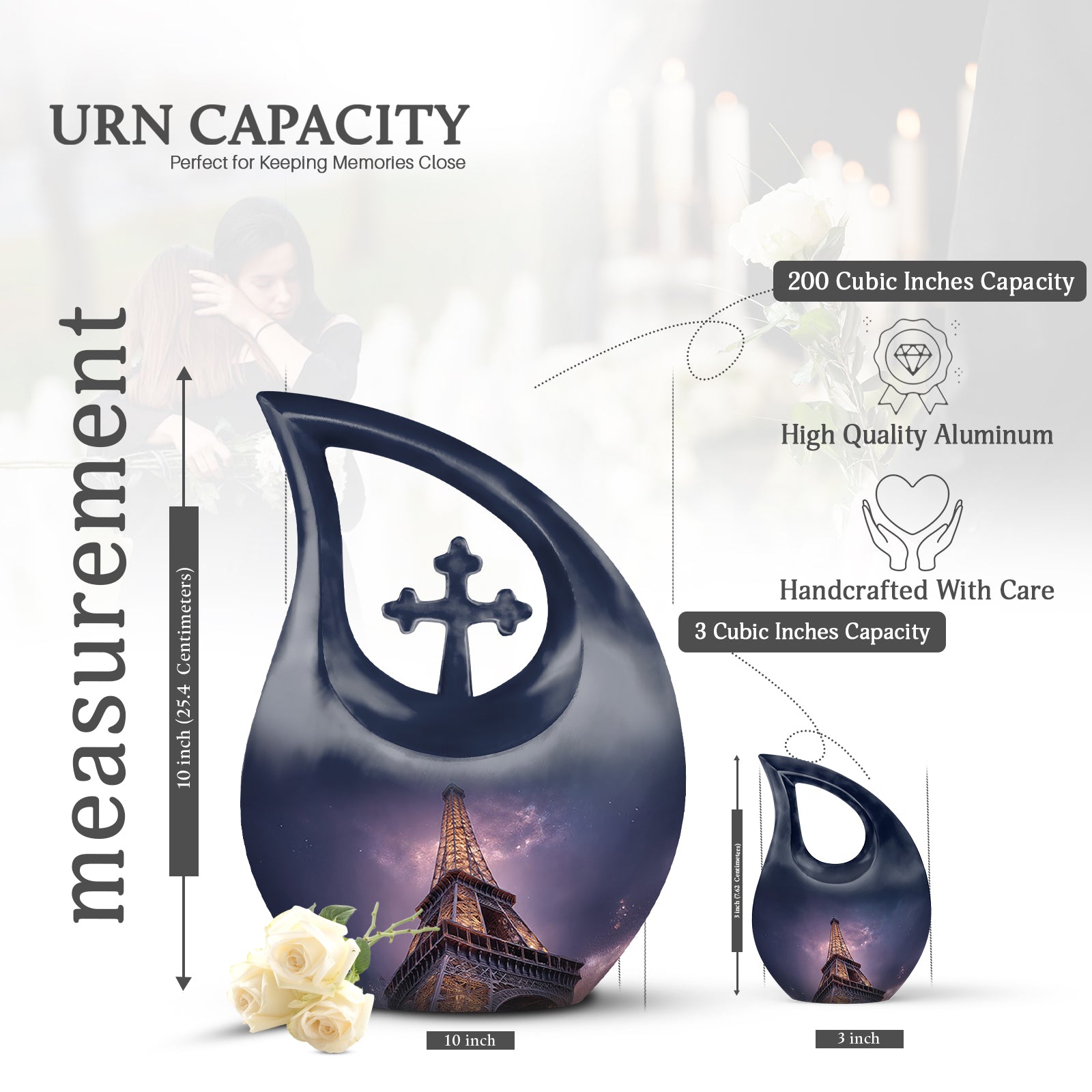 Serene Blue Eiffel Tower Cremation Urn back view with polished surface - faith-inspired cross-drop urn with eiffel tower pattern - mini keepsake memorial for portion of cremation ashes