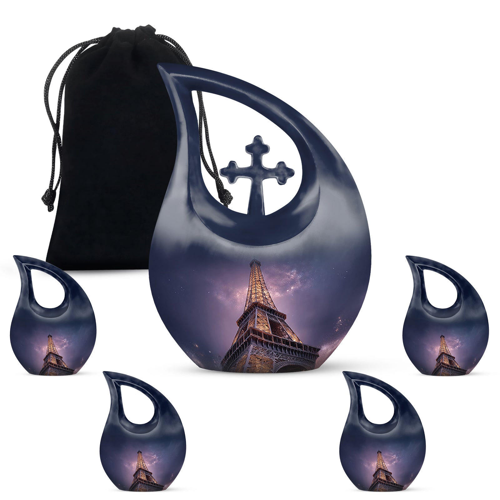Cornflower Blue Eiffel Tower Cremation Urn urn with complimentary velvet bag - faith-inspired cross-drop urn with eiffel tower pattern - memorial set with one large and four small urns