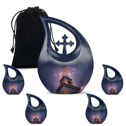 Cornflower Blue Eiffel Tower Cremation Urn urn with complimentary velvet bag - faith-inspired cross-drop urn with eiffel tower pattern - memorial set with one large and four small urns