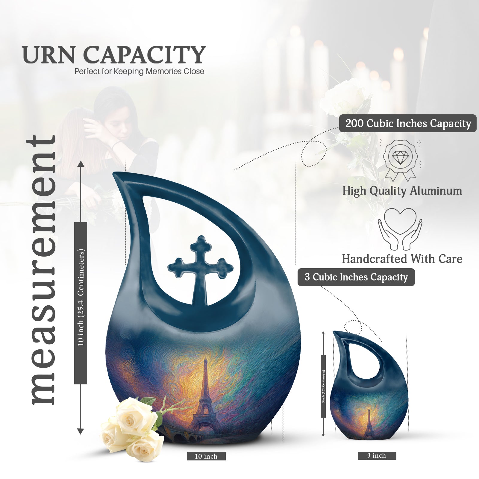 Powder Blue Eiffel Tower Cremation Urn back view with polished surface - cross and eiffel tower combined in spiritual memorial design - mini keepsake memorial for portion of cremation ashes