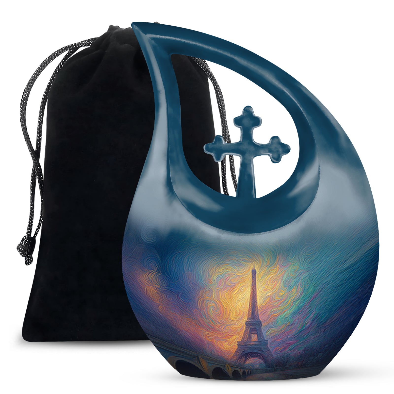 Misty Blue Eiffel Tower Cremation Urn top-down view of secure threaded lid - sacred cross merged with eiffel tower motif on metal - full-size 10 inch 200 cubic inch adult cremation urn